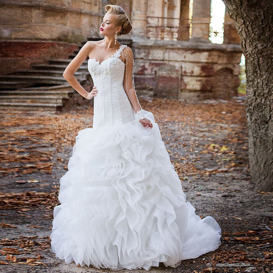 Appliques Beading Pearls Pleat White Trumpet Wedding Dresses With Ruffles Skirt Vestido De Noiva Sereia Princess Mermaid Gowns - LiveTrendsX