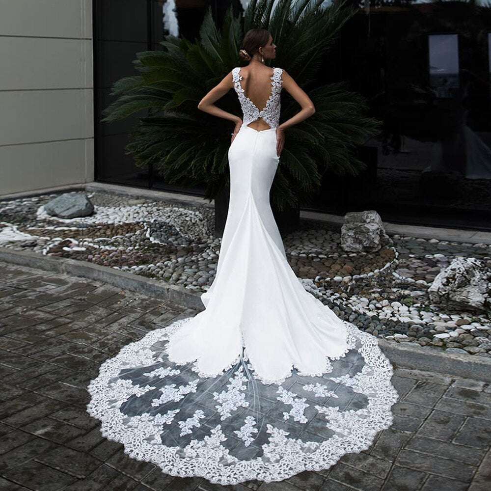 See Through Pearls Appliques Body Splice Skirt Satin Mermaid Wedding Dresses Vestido De Novia Sirena - LiveTrendsX