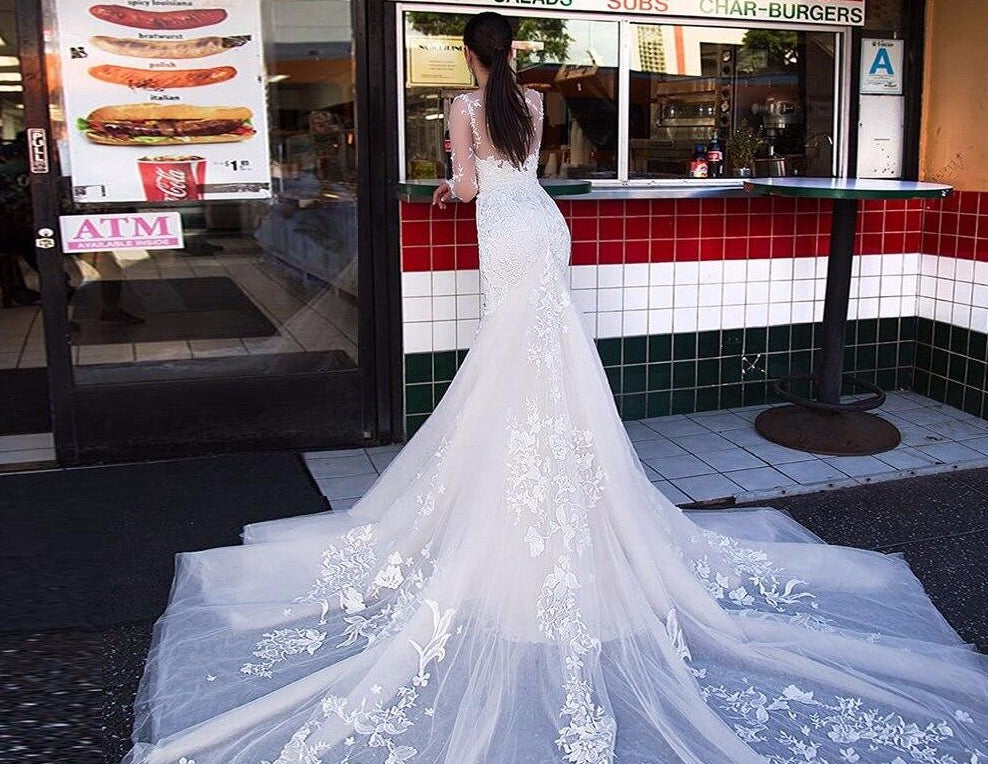 Long Sleeve Appliques Lace Mermaid Wedding Dress With Chapel Train Vestido De Novia Sirena Elegant Trumpet Bride Gown Brautkleid - LiveTrendsX