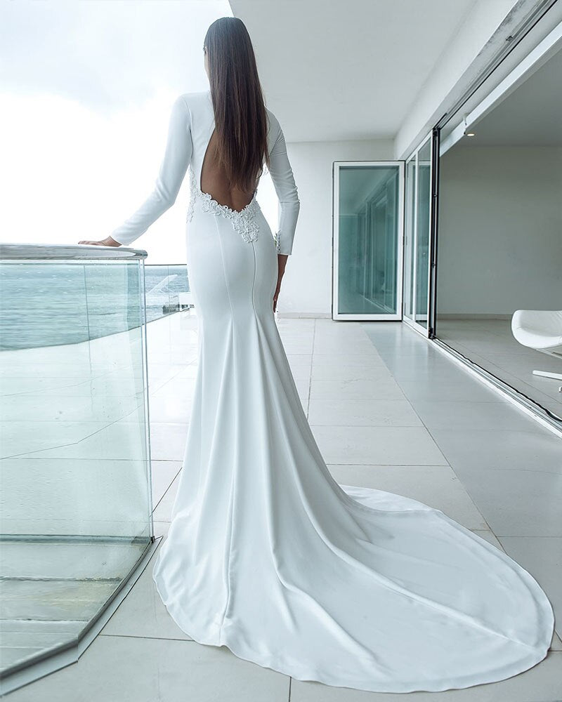 Beading Appliques Sexy Backless See Through Satin Mermaid Wedding Dresses Long Sleeve - LiveTrendsX