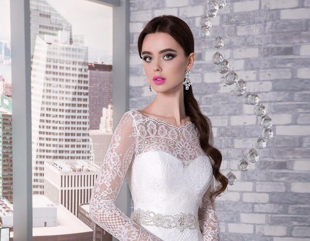 Custom Made 2020 Beading Crystal Lace Mermaid Wedding Dresses With Long Sleeve Detachable Shawl Bow - LiveTrendsX