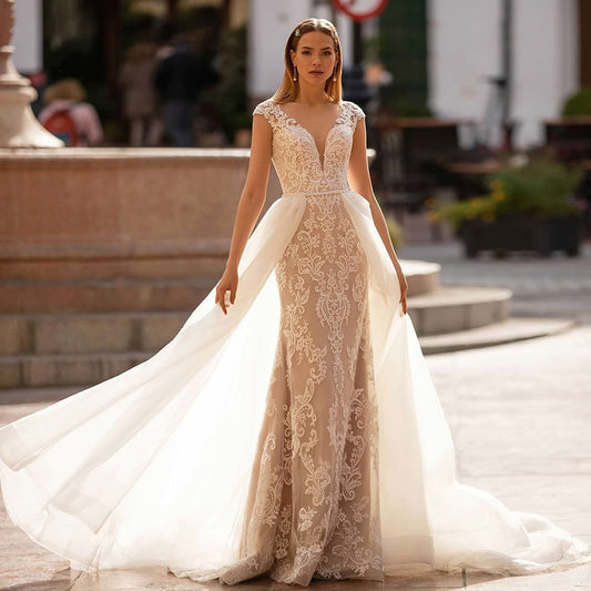 Custom Made Appliques Mermaid Wedding Dress With Beading Tulle Detachable Train 2 Pieces In 1 vestido de noiva 2 em 1 - LiveTrendsX