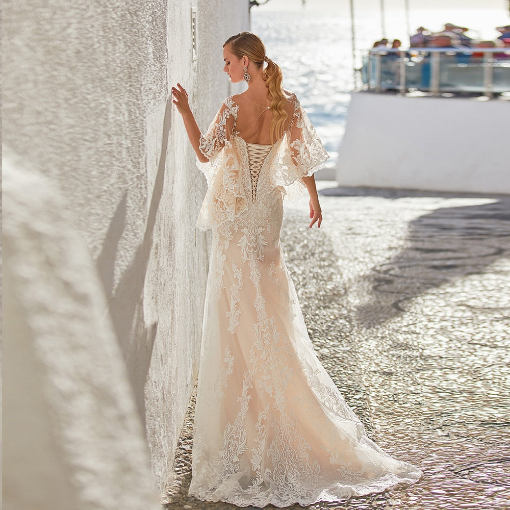 New Arrivals O-neck Half Sleeve Open Back See Through Appliques Lace Mermaid Wedding Dresses - LiveTrendsX