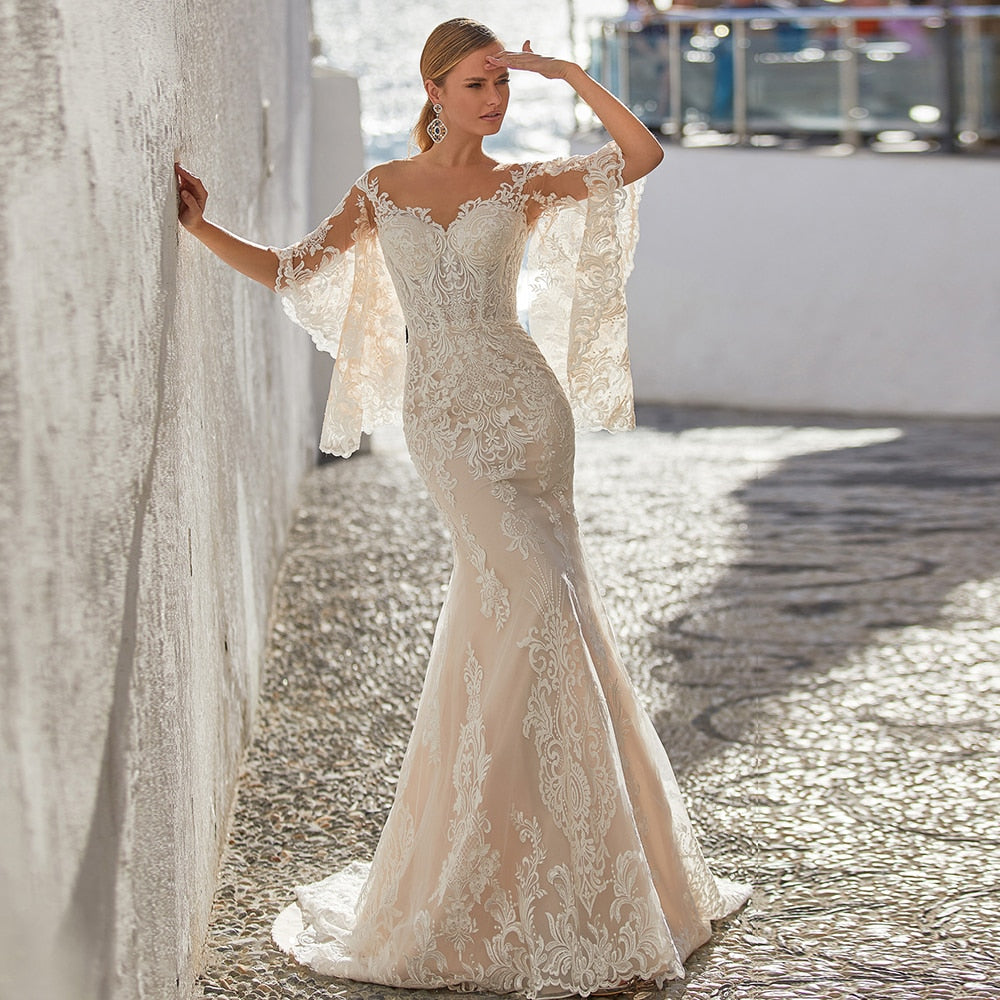 New Arrivals O-neck Half Sleeve Open Back See Through Appliques Lace Mermaid Wedding Dresses - LiveTrendsX