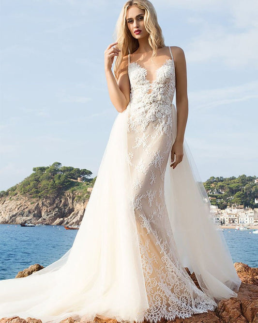 Beaded Appliques Flowers Mermaid Wedding Dresses With Removable Tail Vestido De Novia Sirena Shoulder Straps Elegant Bridal Gown - LiveTrendsX
