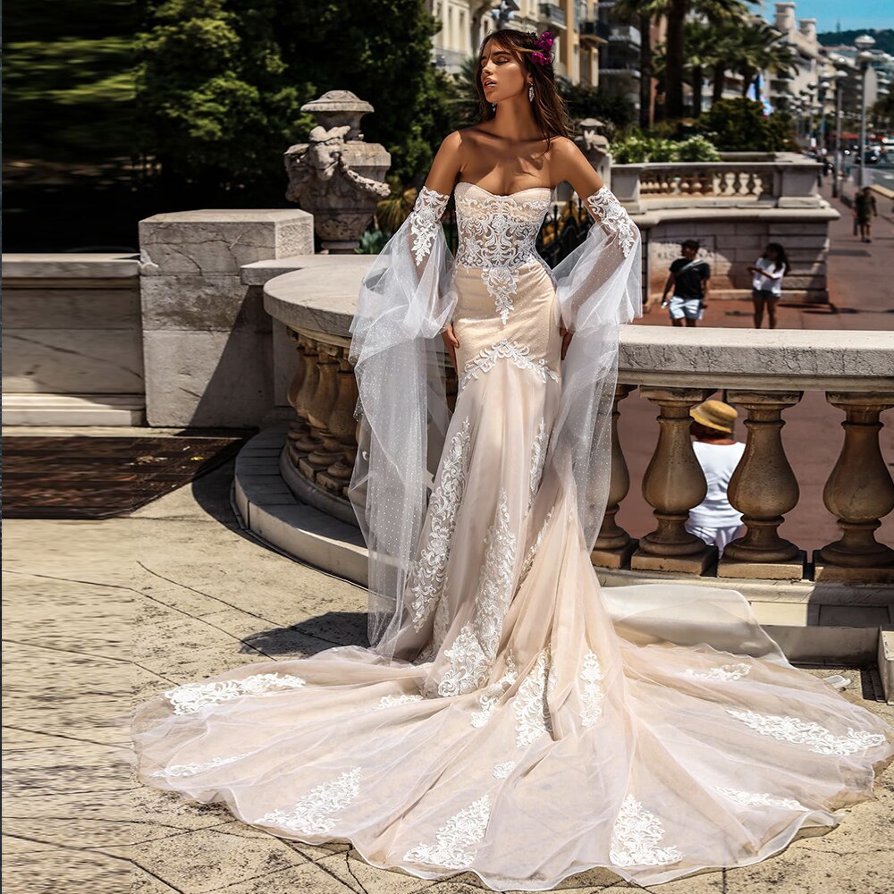 Sweetheart Neck Zipper Up See Through Appliques Lace Sexy Mermaid Wedding Dresses With Detachable Sleeve - LiveTrendsX