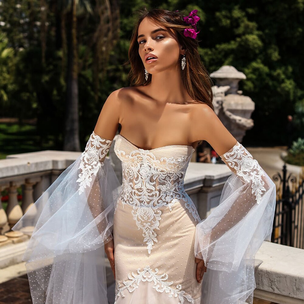 Sweetheart Neck Zipper Up See Through Appliques Lace Sexy Mermaid Wedding Dresses With Detachable Sleeve - LiveTrendsX