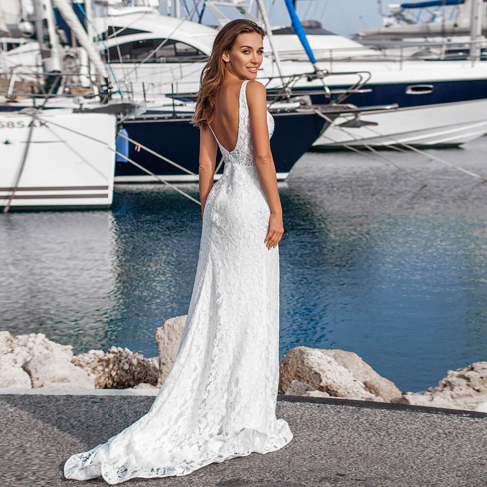 White Lace Mermaid Wedding Dress With Beaded Tulle Removable Tail  Deep V-neck Backless Skirt Slit Sexy Bridal Gown - LiveTrendsX