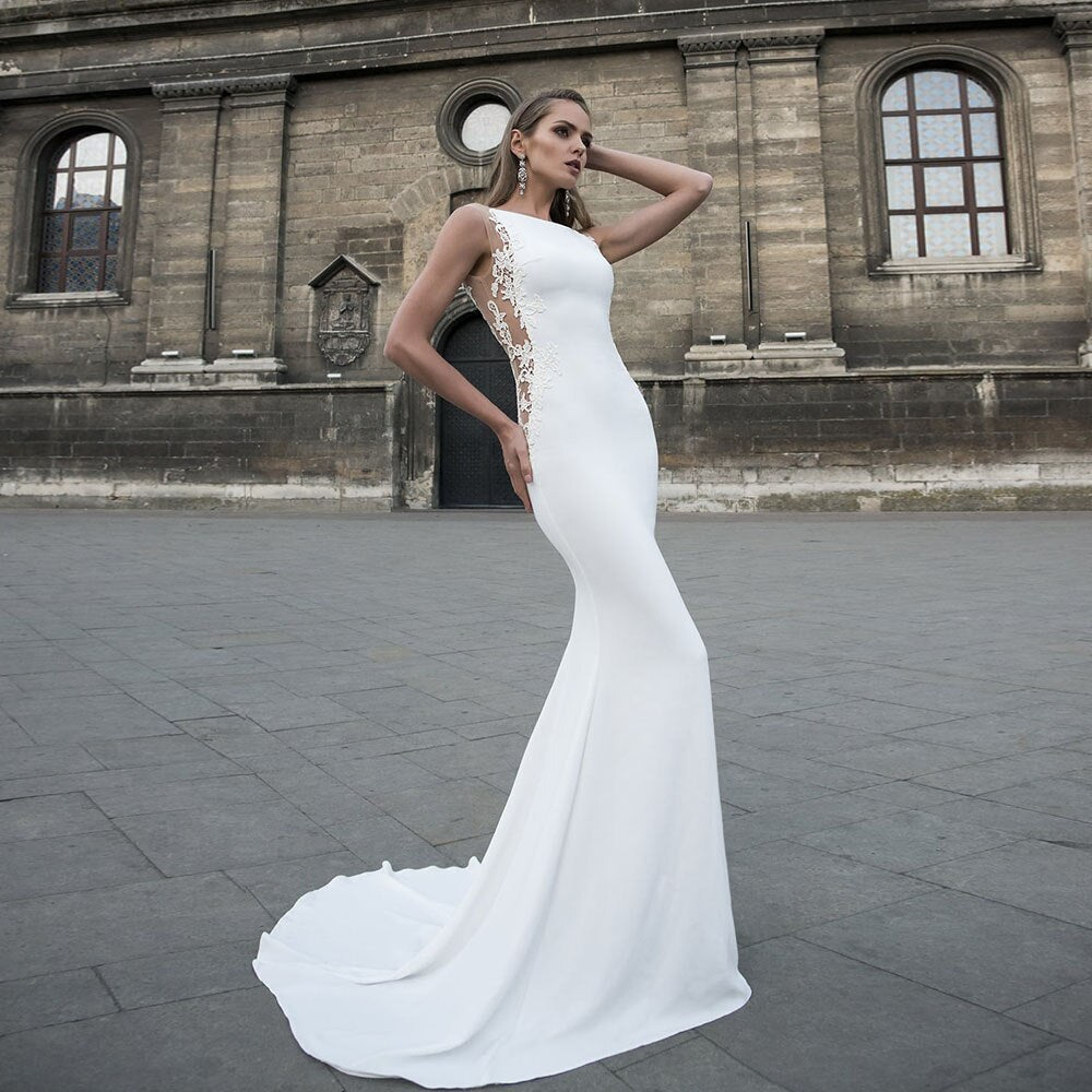 Satin Mermaid Wedding Dress Vestido De Novia Sirena O-neck Appliques Illusion Back Elegant Wedding Gowns - LiveTrendsX