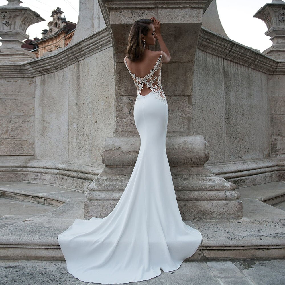 Satin Mermaid Wedding Dress Vestido De Novia Sirena O-neck Appliques Illusion Back Elegant Wedding Gowns - LiveTrendsX
