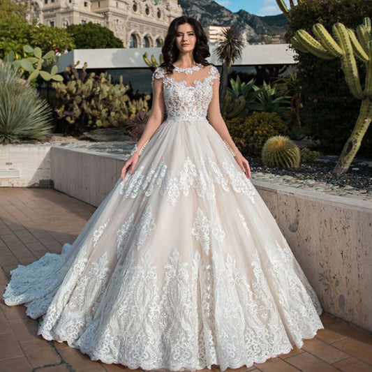 Beading Sequined Appliques Princess Ball Gown Wedding Dresses Long Sleeve Robe Mariee O-neck Buttons Up Bridal Dress - LiveTrendsX