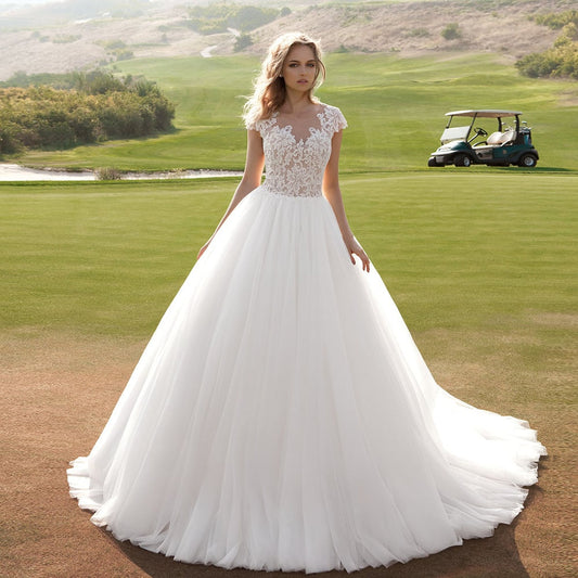 White Appliques Lace Tulle Ball Gown Wedding Dress 2020 Vestido De Noiva O-neck Cap Sleeve Button Up Court Train Bridal Gowns - LiveTrendsX