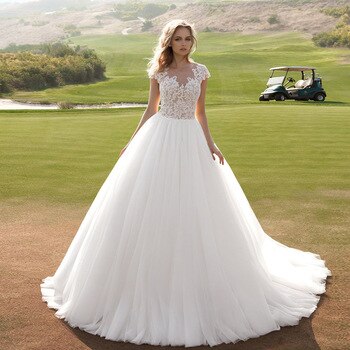 White Appliques Lace Tulle Ball Gown Wedding Dress 2020 Vestido De Noiva O-neck Cap Sleeve Button Up Court Train Bridal Gowns - LiveTrendsX
