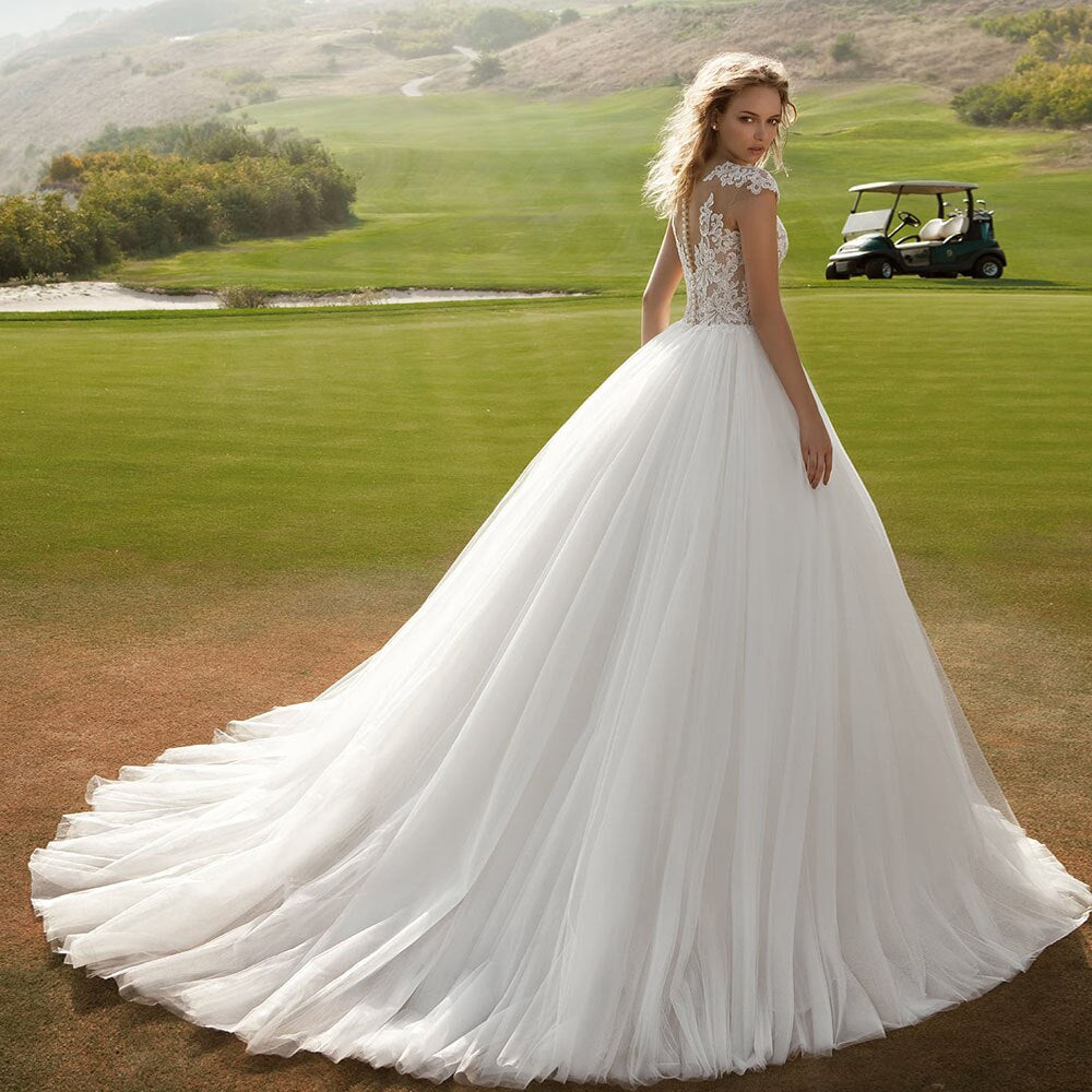 White Appliques Lace Tulle Ball Gown Wedding Dress 2020 Vestido De Noiva O-neck Cap Sleeve Button Up Court Train Bridal Gowns - LiveTrendsX