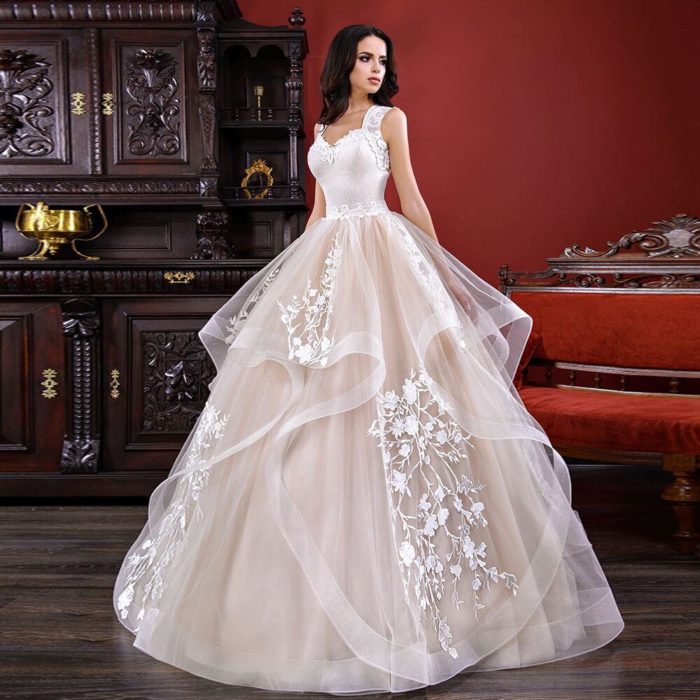 Princess Lace Tulle Ball Gown Wedding Dress Vestido De Noiva Princesa Tank Shoulder Sleeve Floor Length Bridal Gowns - LiveTrendsX