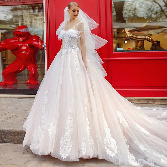 Beading Appliques Feathers Princess Ball Gown Wedding Dresses Plus Size - LiveTrendsX