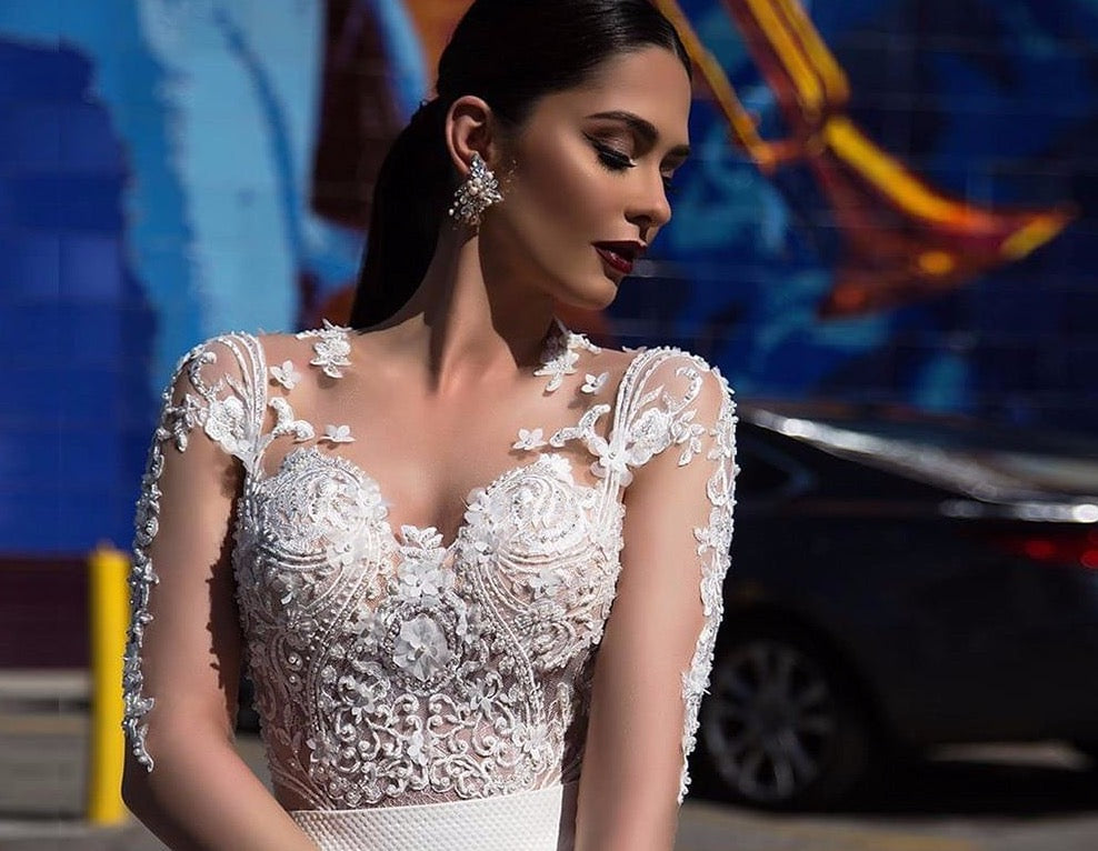 Long Sleeve Satin Wedding Dresses Robe De Mariee 2020 Pearls Appliques Flowers See Through Ball Gowns Abendkleider - LiveTrendsX