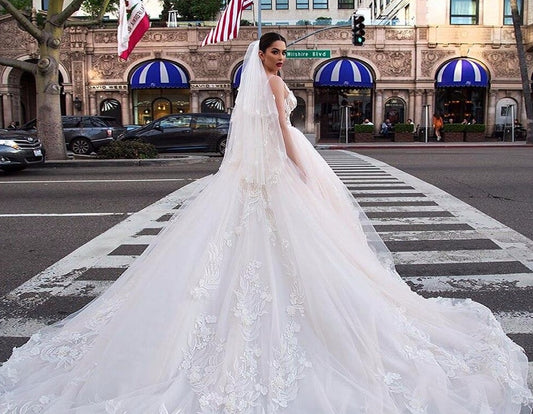 Luxury Ball Gown Wedding Dresses With Picture Veil Robe Mariage Femme Tank Shoulder Zipper Up See Through Lace Flowers Gowns - LiveTrendsX