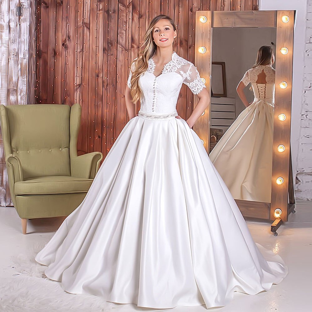 Custom Made Short Sleeve V-neck Open Back Lace Satin Ball Gown Wedding Dresses With Beaded Crystal Waist - LiveTrendsX