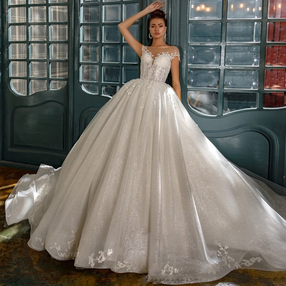 Gorgeous Ball Gown Wedding Dresses Plus Size  Vestido Casamento O-neck Backless See Through Shiny Bride Gowns - LiveTrendsX
