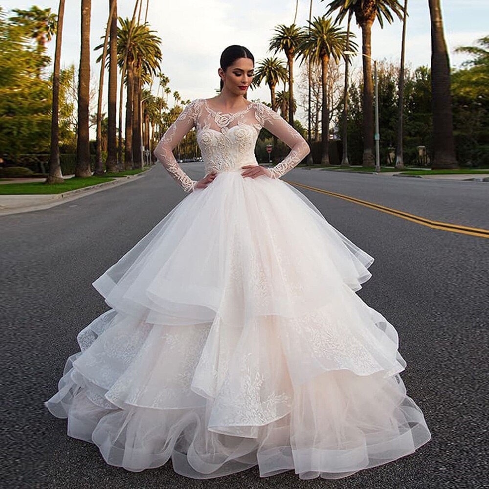 Gorgeous Ball Gown Wedding Dresses Long Sleeve Vestido De Noiva Princesa Pearls Appliques Lace Princess Dress - LiveTrendsX