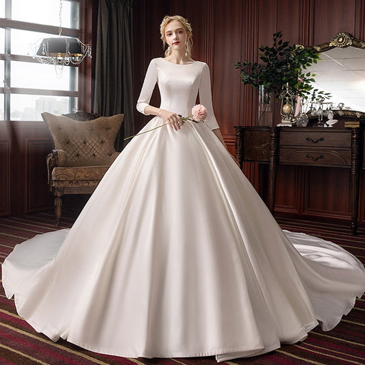 Best France Satin Ball Gown Wedding Dresses Three Quarter Sleeve  O-neck Zipper Up Simple Bridal Dress Gelinlik - LiveTrendsX