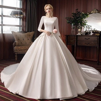Best France Satin Ball Gown Wedding Dresses Three Quarter Sleeve  O-neck Zipper Up Simple Bridal Dress Gelinlik - LiveTrendsX