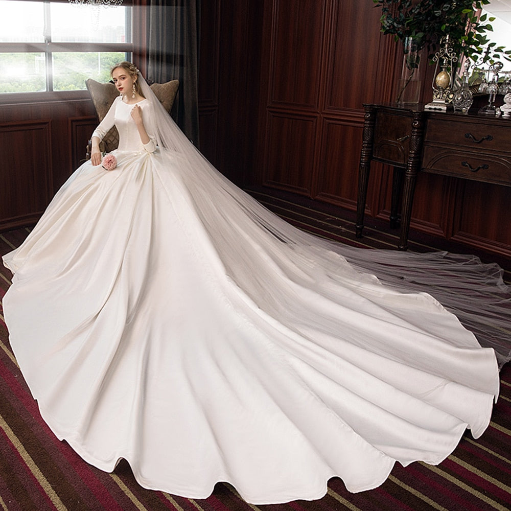 Best France Satin Ball Gown Wedding Dresses Three Quarter Sleeve  O-neck Zipper Up Simple Bridal Dress Gelinlik - LiveTrendsX