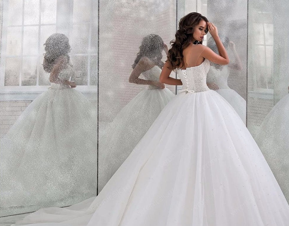 New Special Full Beading Pearls Princess Ball Gown Wedding Dresses Plus Size Vestito Da Sposa O-neck Lace Up White Bride Dress - LiveTrendsX