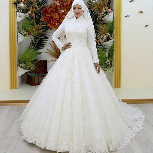 Appliques Lace Muslim Ball Gown Wedding Dresses With Picture Veil  High Neck Long Sleeve Lace Up Wedding Gowns - LiveTrendsX
