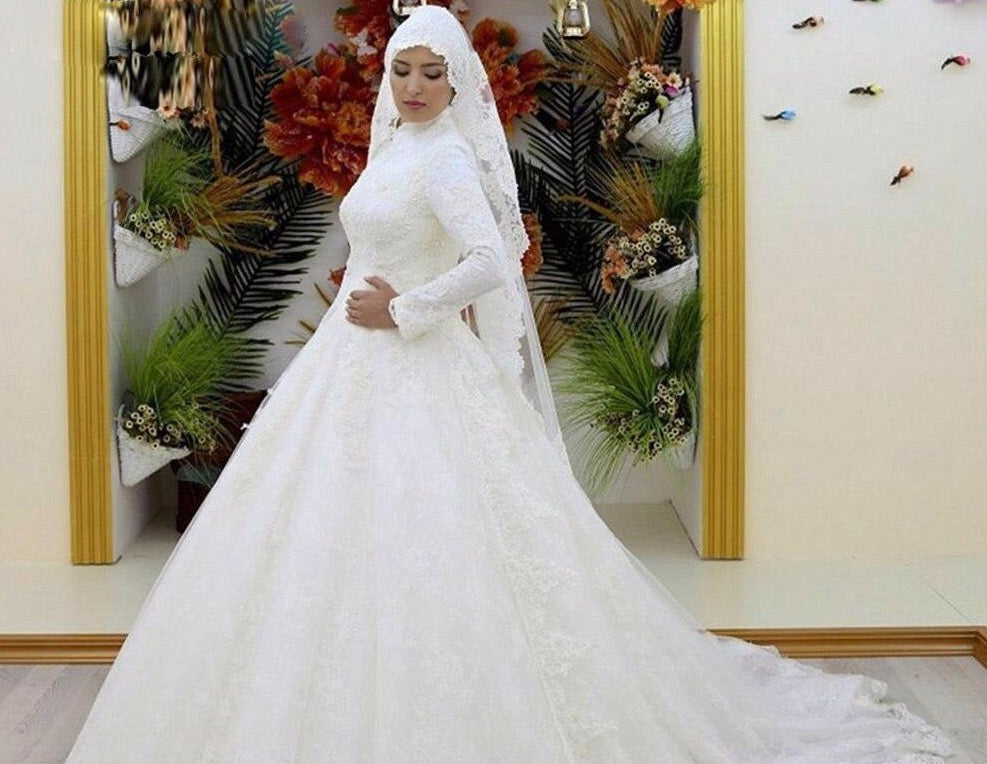 Appliques Lace Muslim Ball Gown Wedding Dresses With Picture Veil  High Neck Long Sleeve Lace Up Wedding Gowns - LiveTrendsX
