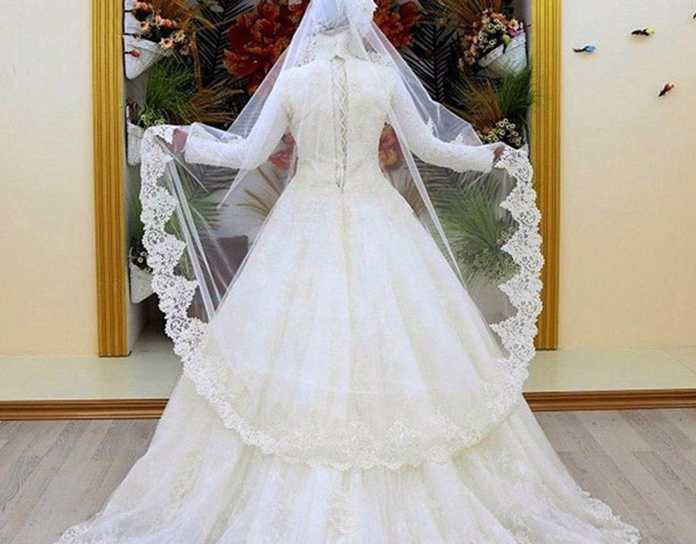 Appliques Lace Muslim Ball Gown Wedding Dresses With Picture Veil  High Neck Long Sleeve Lace Up Wedding Gowns - LiveTrendsX