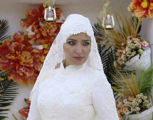 Appliques Lace Muslim Ball Gown Wedding Dresses With Picture Veil  High Neck Long Sleeve Lace Up Wedding Gowns - LiveTrendsX