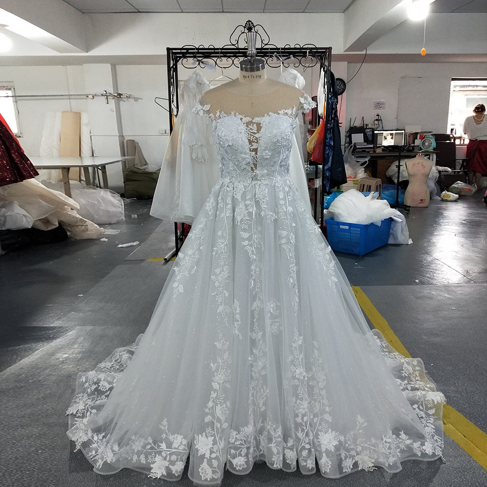 Pearls Appliques Lace Flowers Shiny Wedding Dresses  Vestidos De Novia O-neck Cap Sleeve Backless Bridal Gowns - LiveTrendsX