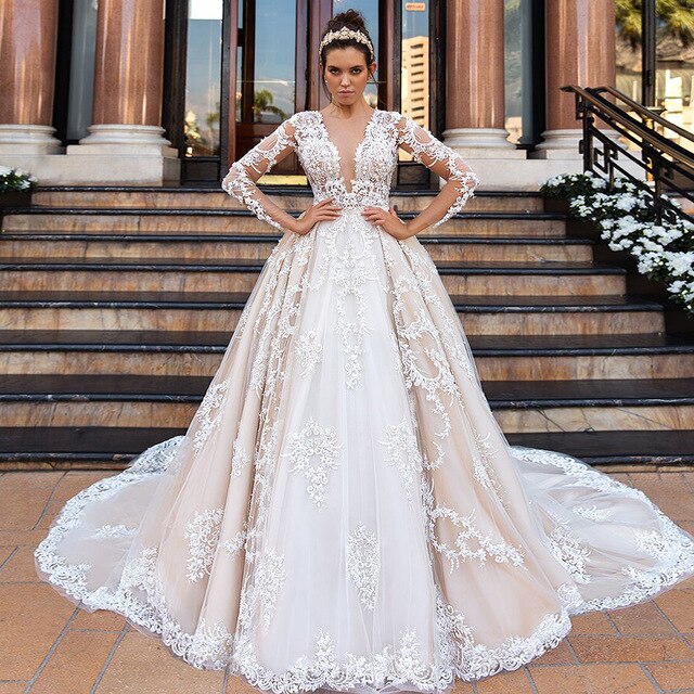 Beading Appliques Lace Princess Wedding Dresses Long Sleeve Plus Size  Vestido De Noiva Princesa - LiveTrendsX