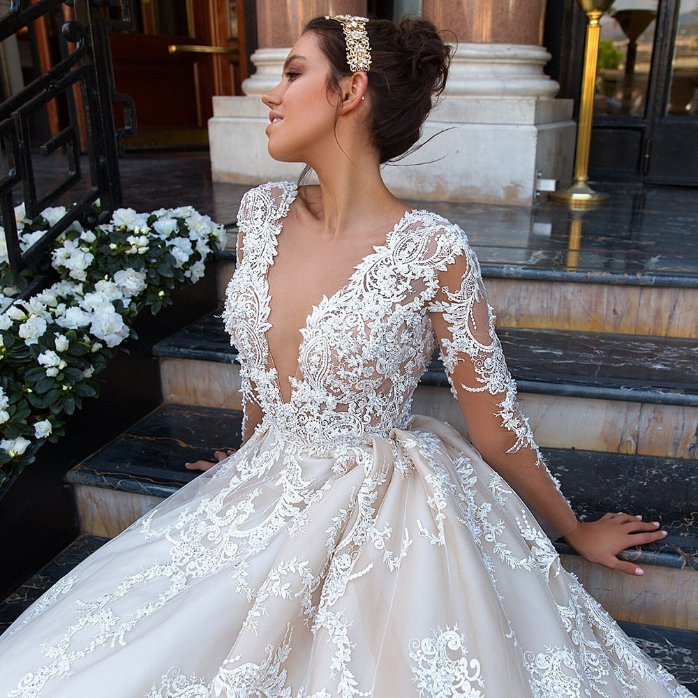 Beading Appliques Lace Princess Wedding Dresses Long Sleeve Plus Size  Vestido De Noiva Princesa - LiveTrendsX