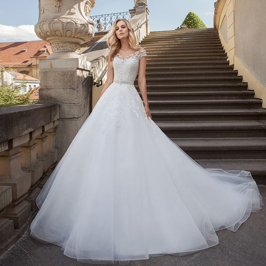 White Wedding Dress Robe Mariee Shiny Beading Crystal Sequined Waist Appliques Tulle Bridal Gowns Suknie Slubne - LiveTrendsX