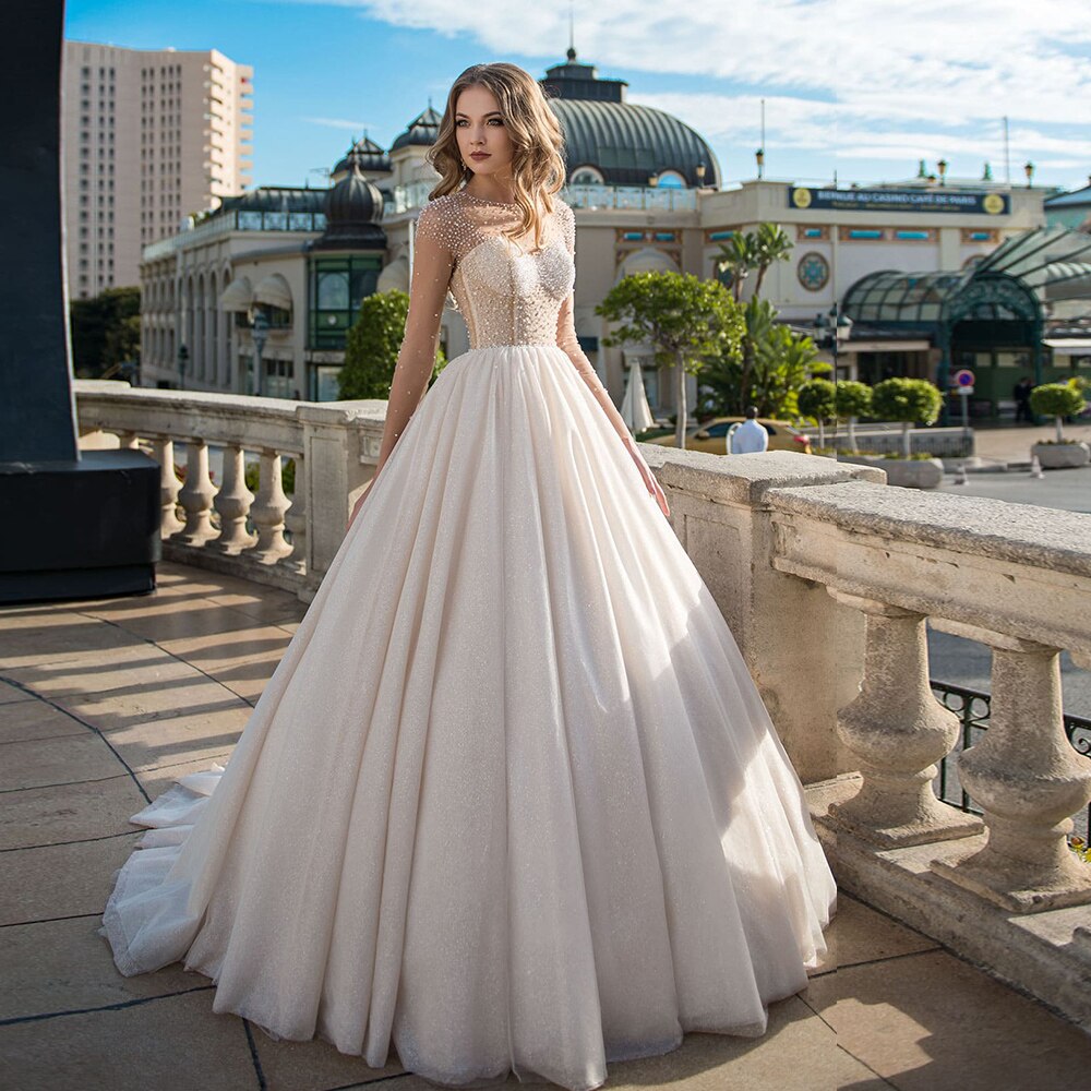 Long Sleeve Wedding Dresses Elegant Vestido De Casamento O-neck Open Back See Through Shiny Wedding Gowns Brautkleid - LiveTrendsX