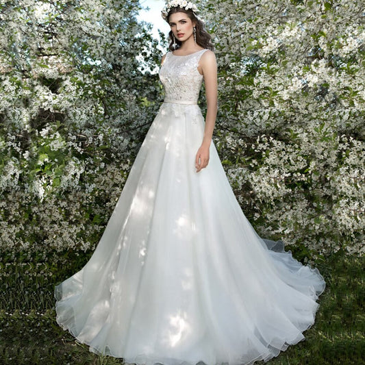 New Special A-line Wedding Dresses Robe Blanche Pearls O-neck Sleeveless Backless Crystal Lace Flowers Tulle Wedding Gowns - LiveTrendsX