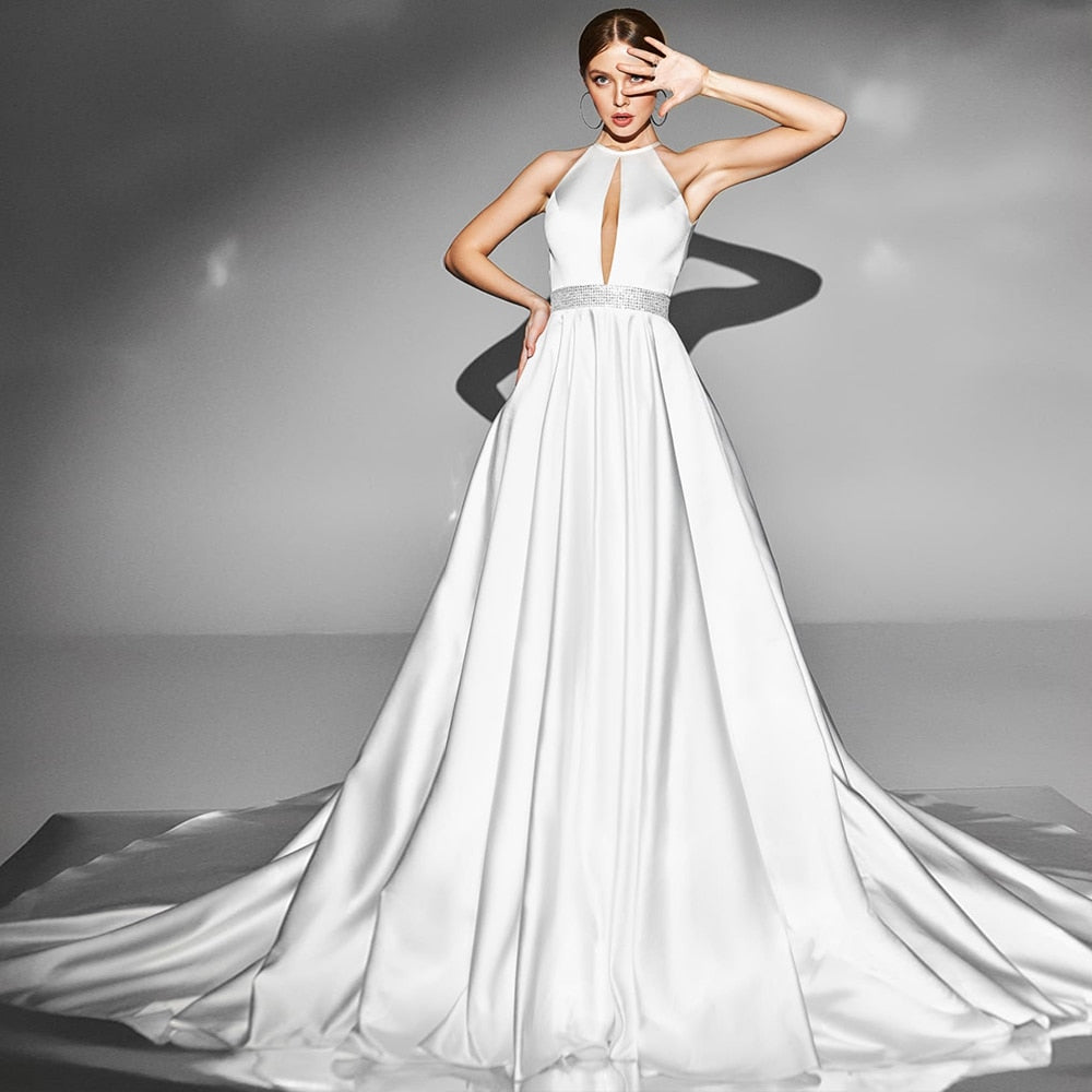 Shiny Waist Bow Satin Wedding Gowns Vestido Elegante  Sexy Backless Simple Bridal Dresses - LiveTrendsX