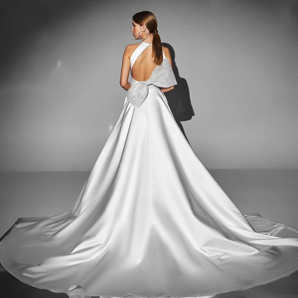 Shiny Waist Bow Satin Wedding Gowns Vestido Elegante  Sexy Backless Simple Bridal Dresses - LiveTrendsX