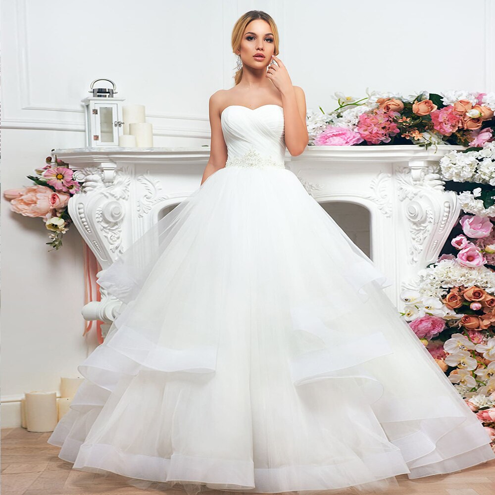 New Arrivals Wedding Gowns Robe De Mariée Sweetheart Neck Lace Up Appliques Beading Sequined Waist Pleat Bridal Gowns None Train - LiveTrendsX