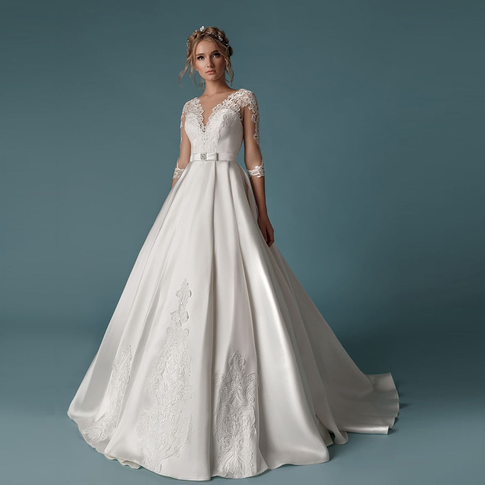 Half Sleeve Best France Satin Wedding Dress Vestido Blanco Pearls Bow Waist Appliques Simple Bridal Gowns Plus Size Boda - LiveTrendsX