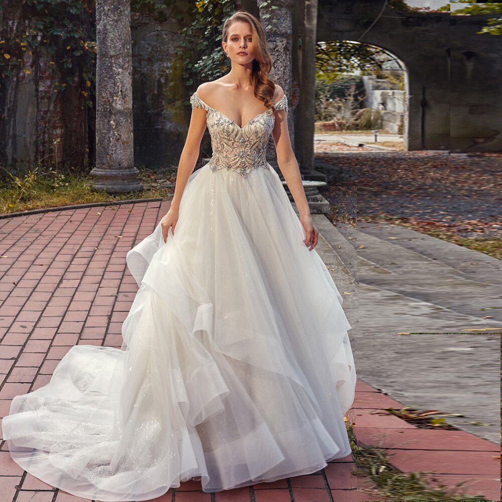Beaded Crystal Shiny A-line Wedding Gowns Sukienka Elegancka Sweetheart Neck Zipper Up Short Sleeve Princess Bridal Dresses - LiveTrendsX
