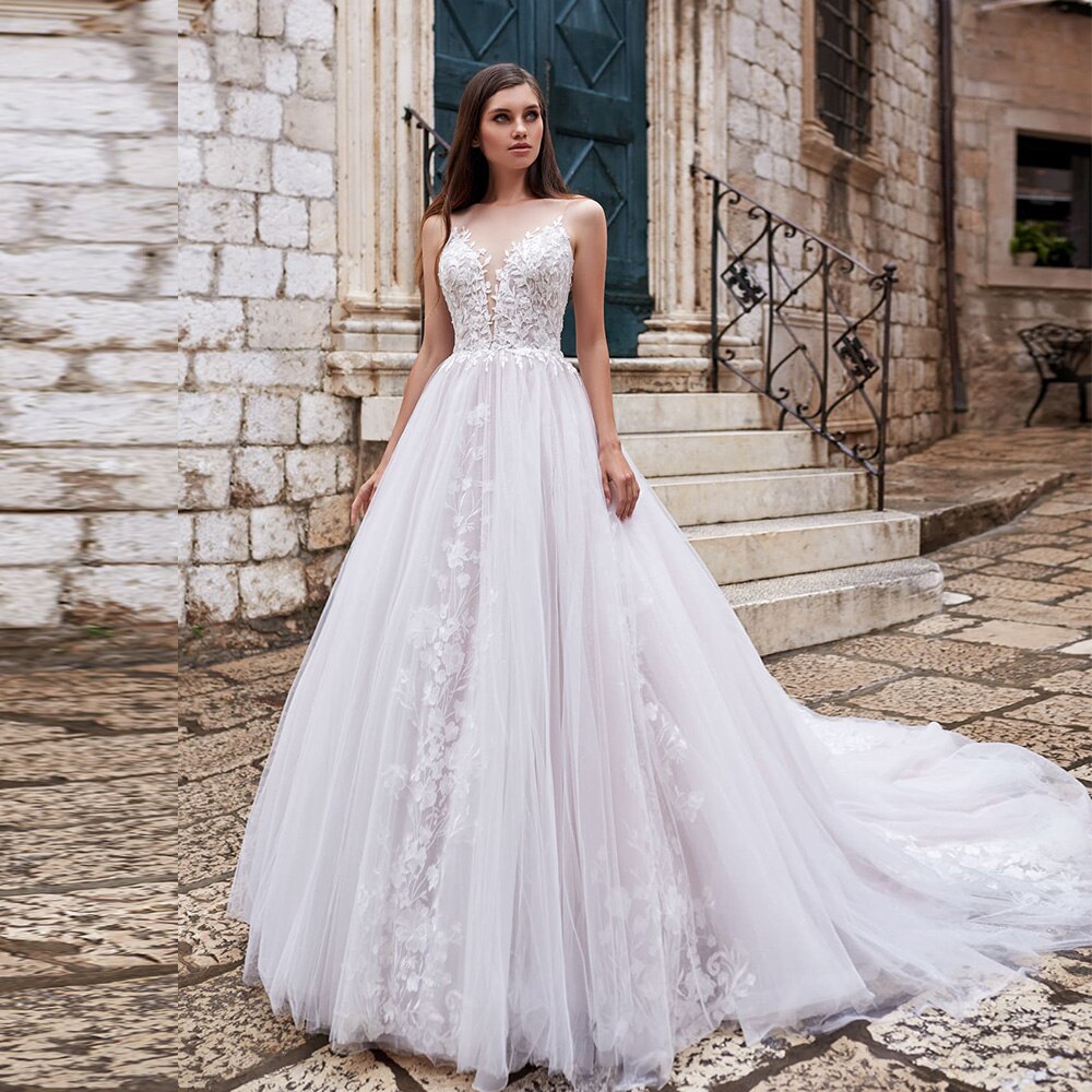 Tulle Lace Wedding Dresses Elegant Abiti Da Sposa O-neck Sleeveless Floor Length Princess Wedding Gowns Suknia Slubna - LiveTrendsX