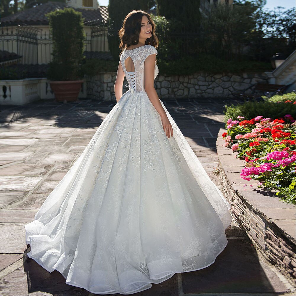 Beading Appliques Lace Princess Wedding Dresses Trouwjurk O-neck Cap Sleeve See Through Sexy Wedding Gowns Vestidos De Boda - LiveTrendsX