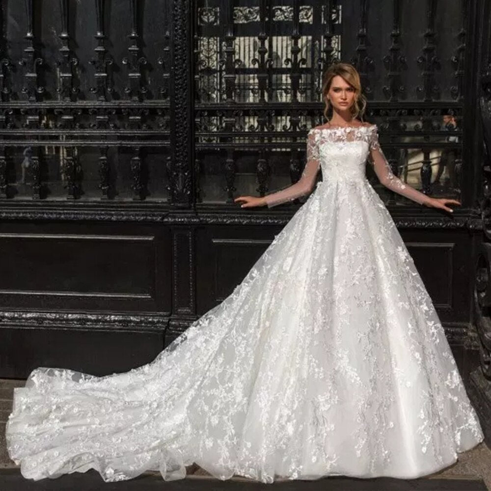 Long Sleeve Flowers Lace Wedding Gowns A-line Vestido De Noiva Princesa Boat Neck Buttons Up Luxury Bridal Dress Casamento - LiveTrendsX