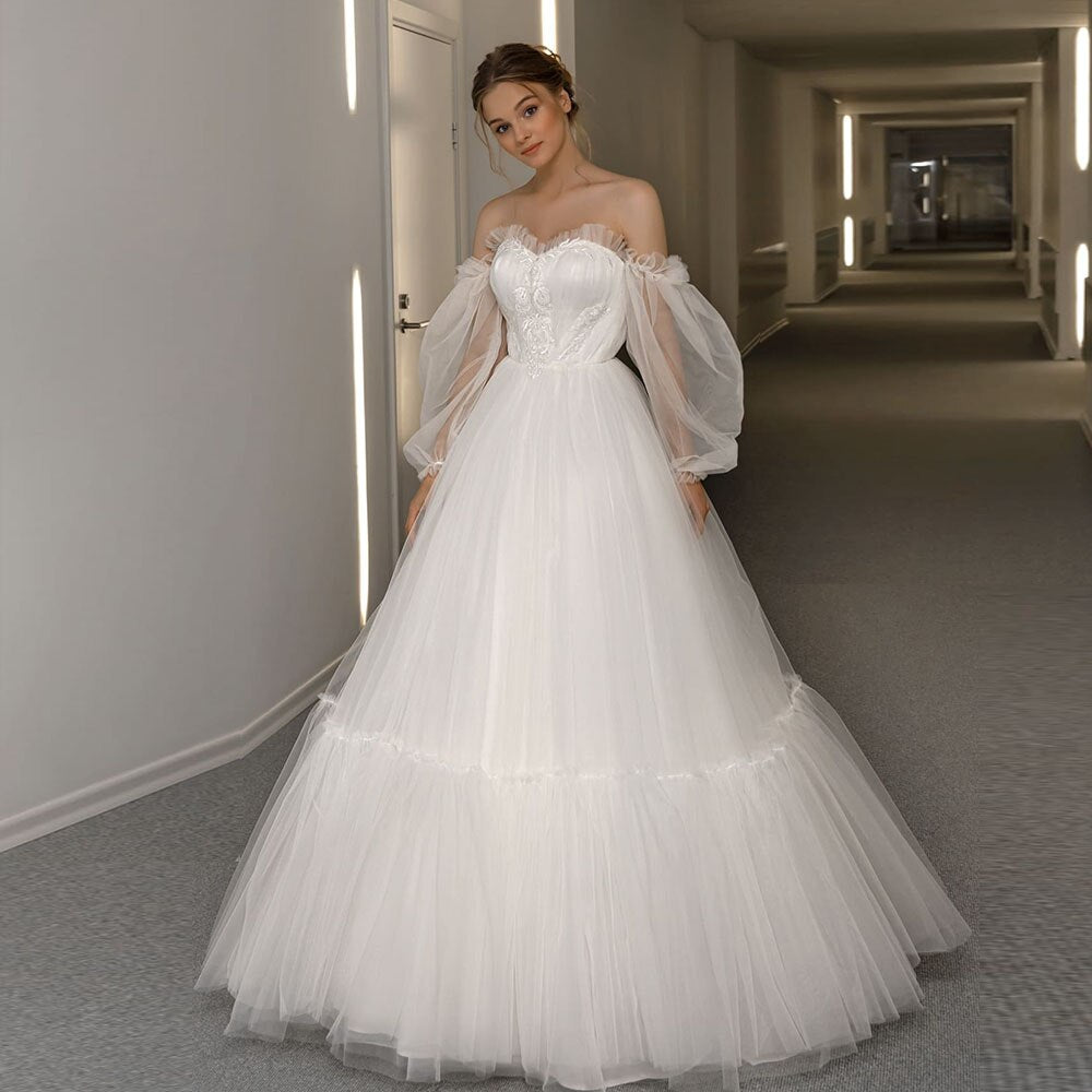 Sweetheart Neck Lace Up Back Floor Length Beading Lace Tulle Pleat Wedding Dresses Long Sleeve None Tail - LiveTrendsX