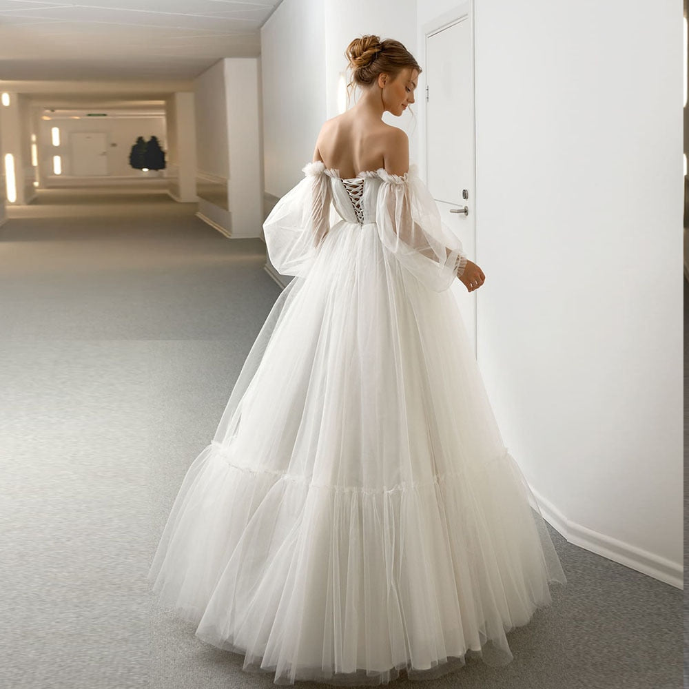 Sweetheart Neck Lace Up Back Floor Length Beading Lace Tulle Pleat Wedding Dresses Long Sleeve None Tail - LiveTrendsX