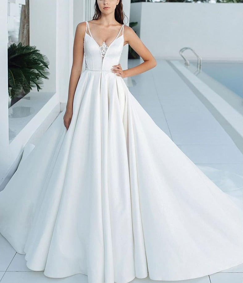 Best France Satin Wedding Gowns A-line With Chapel Train Plus Size China Shop Online Beading Appliques White Bridal Dress - LiveTrendsX